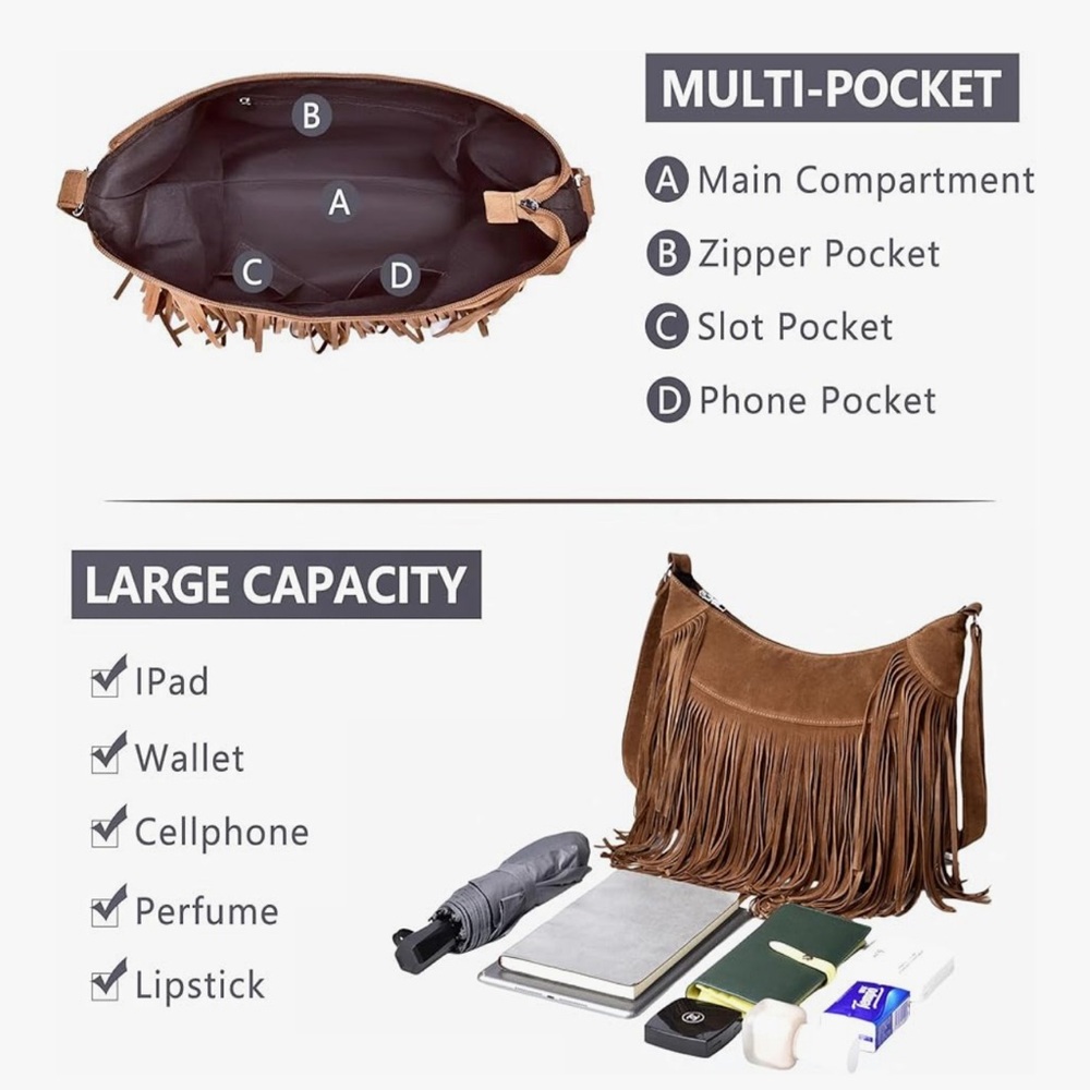 🆕 Fringe Hobo Bags for Women Vintage Suede Crossbody Bag - Picture 3 of 6